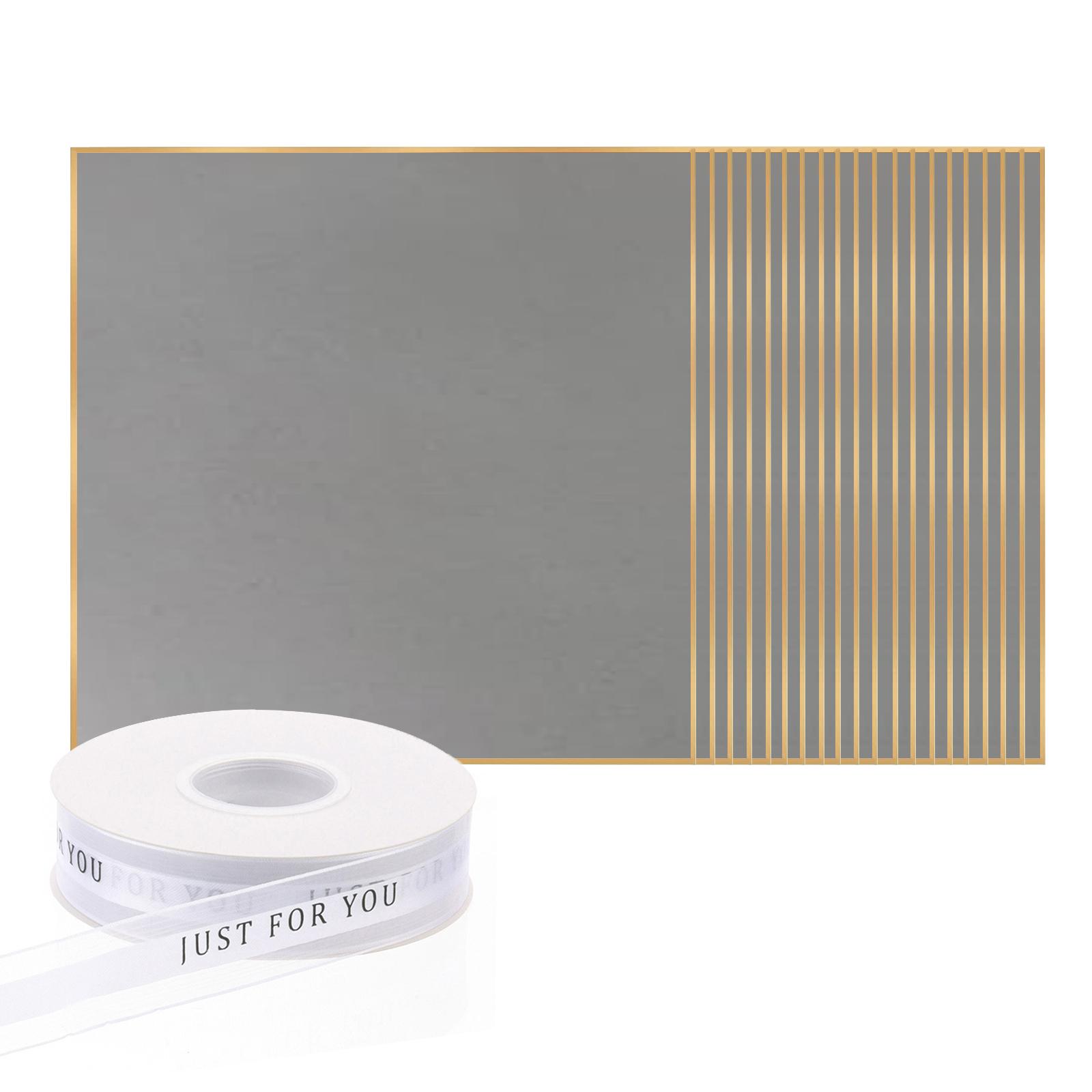 

20 Sheets 58x58cm Wrapping Paper with 1 Roll Chiffon Ribbon - Floral Bouquet Gift Wrap with Gold Edges, for Valentine’s, Wedding, Birthday, DIY. Grey paper + White ribbon