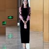 Elegant Black Velvet Patchwork Long Dress - Waist-Cinching, Autumn/Winter 2025 Style