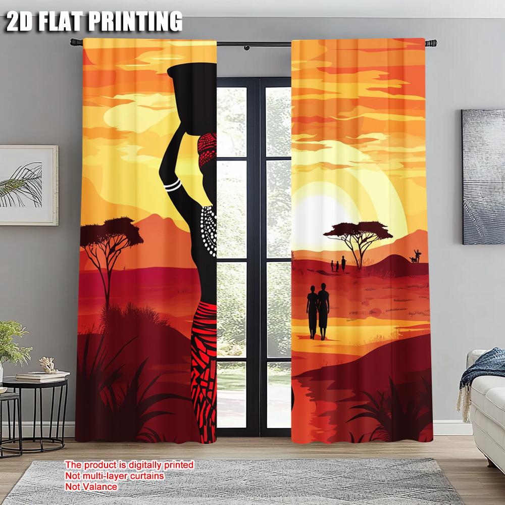 2pcs, Minimalist Curtains 2D print African Woman Fabric (without rod) Home Decor Use for Study, Living Room, Kitchen - Home