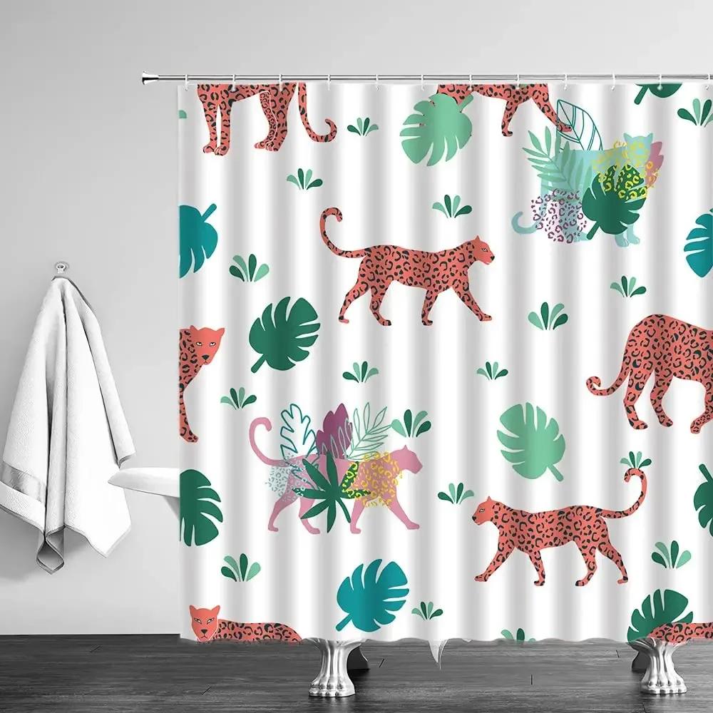 Leopard Shower Curtains Tropical Jungle Wildlife Cheetah Tiger Plant Green Palm Banana Leaves Monstera Watercolor Bathroom Decor