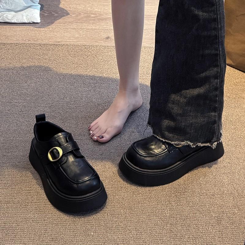 New one-pedal black fashion versatile autumn platform thick heel small leather shoes women