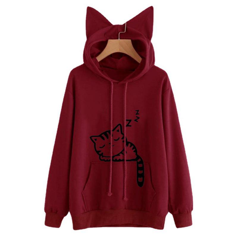 Plus Size Cat Print Fleece Hoodie for Women - Autumn/Winter Collection