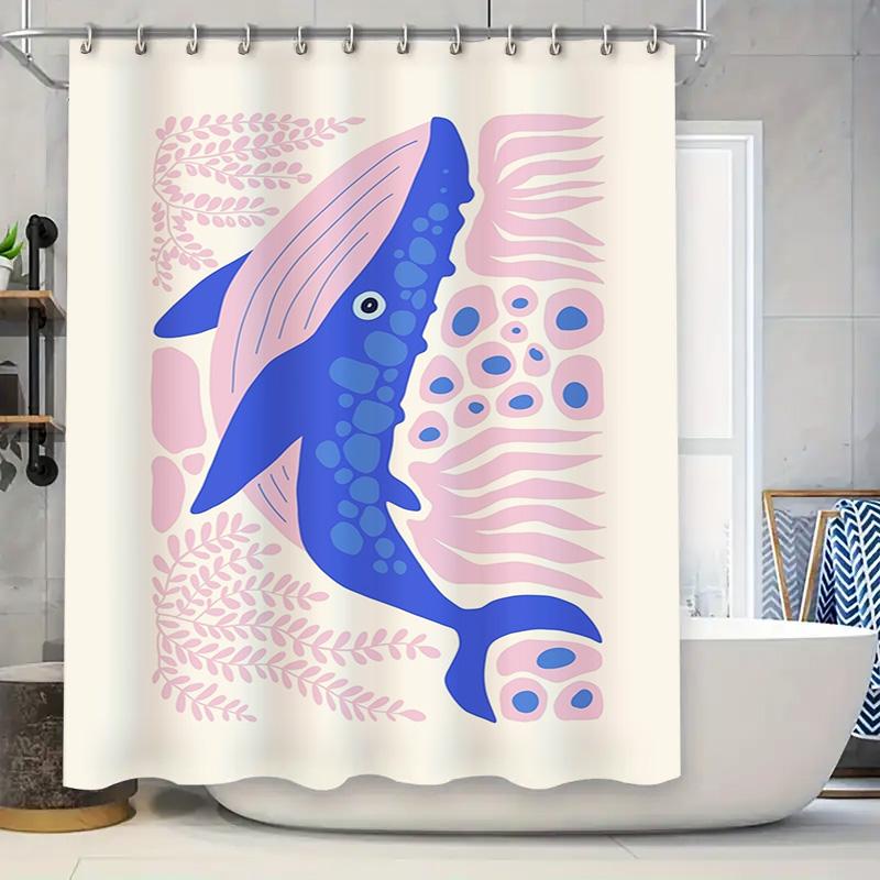 

Vibrant Blue Whale Shower Curtain Pink Coral Pattern Decorative Bath Linen Rug Waterproof Fabric for Bathroom Home Decoration. T 90x180cm