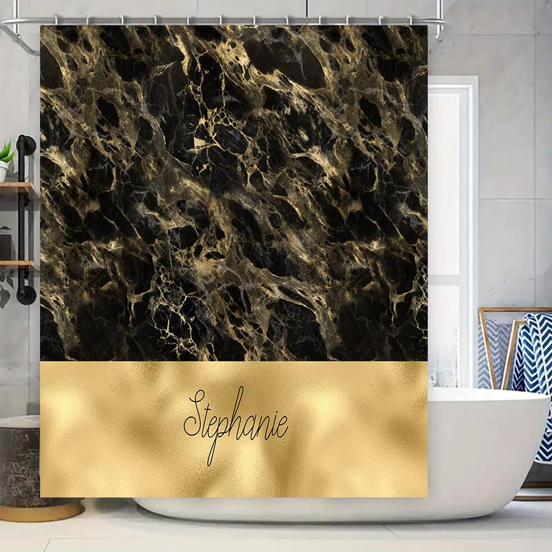 

Luxury Black Marble Shower Curtain With Name Gold Plated Metal Finish For Bathroom Decor W60H190(CM)-1 Pcs