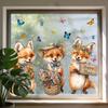 Pegatinas de Ventana Zorro de Primavera Zorro de Dibujos Animados Flores Mariposas Pegatina de Cristal Extraíble Animales Lindos Pegatinas de Ventana para Decoración de Hogar Oficina Tienda