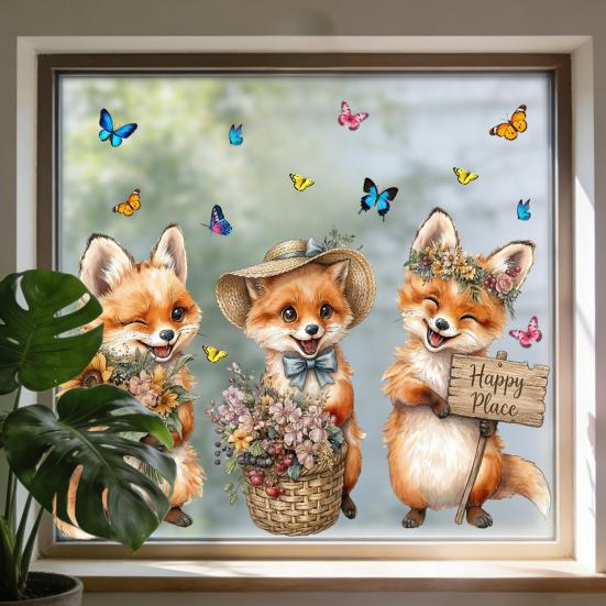 Pegatinas de Ventana Zorro de Primavera Zorro de Dibujos Animados Flores Mariposas Pegatina de Cristal Extraíble Animales Lindos Pegatinas de Ventana para Decoración de Hogar Oficina Tienda
