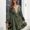 Elegant Chic Long Sleeve Lace Dress V Neck Solid Color Ruffle Women Dresses Fall Winter Sizes S XL