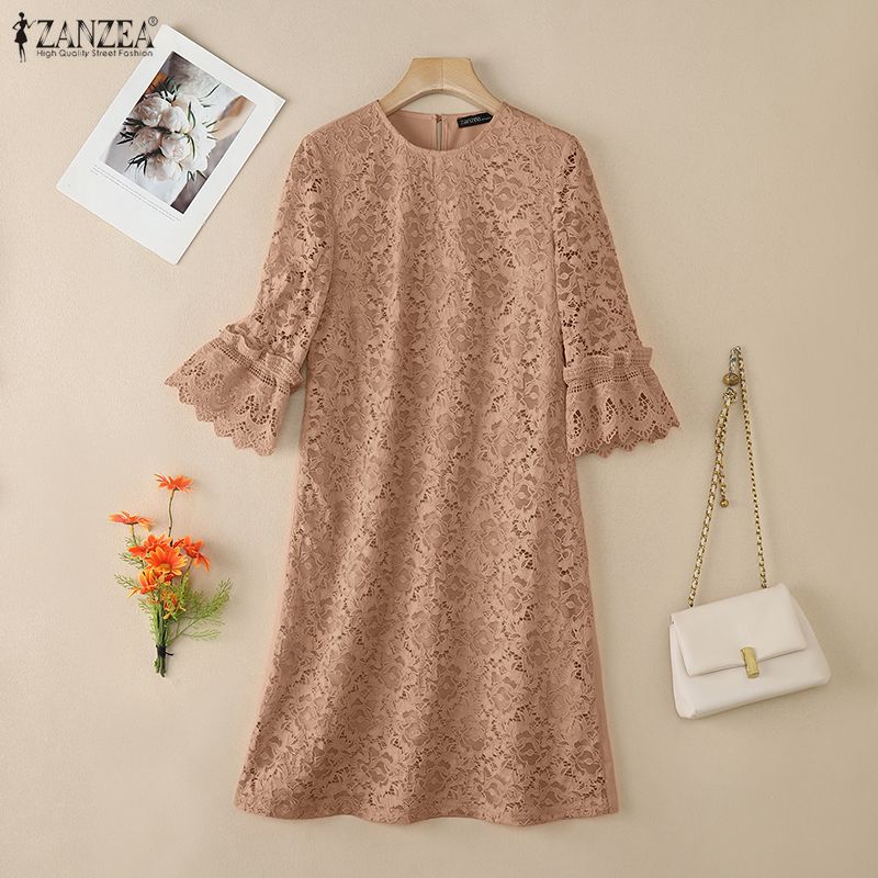 ZANZEA Damen Freizeit Rundhals Locker 3/4 Ärmel Spitze Patchwork Kleid