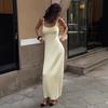 Summer New Knitted Square Neck Pleated Slip Dress, Casual Lazy Vacation Sundress for Women, European & American Style
