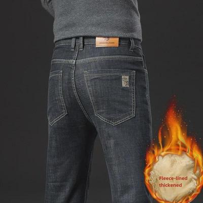 Herr Vinter Lös Rak Lammfleece Jeans - Tjocka, Varma, Casual Byxor