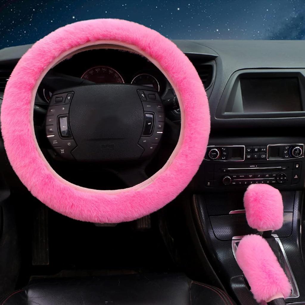 7PCS Set Car Interior Aesthetic Accessories, Fluffy 15 Inch Steering Wheel Cover, Armrest Pad, Seat Belt Cover,Gear Shift Cover, Fit Girly Car