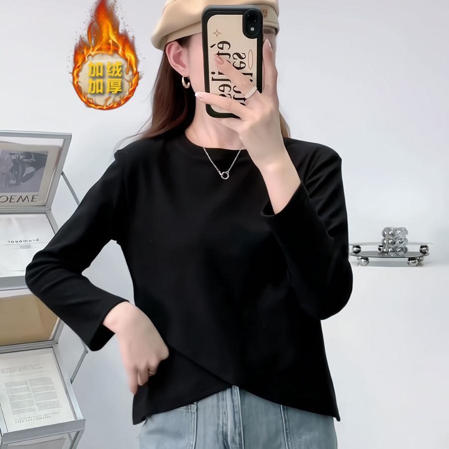 Women's Long Sleeve T-Shirt Round Neck Commuter Style Warm Fleece Lined Basic Top Loose Fit Solid Color Undershirt
