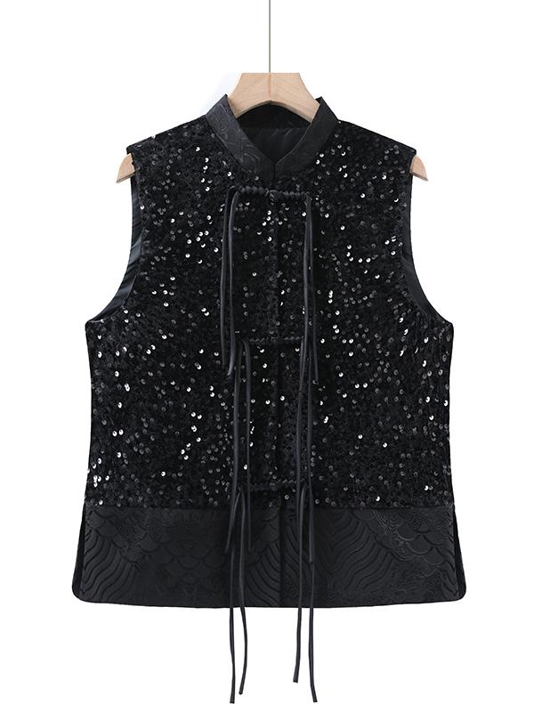 Retro Chinese Style Sequin Velvet Waistcoat with Frog Button