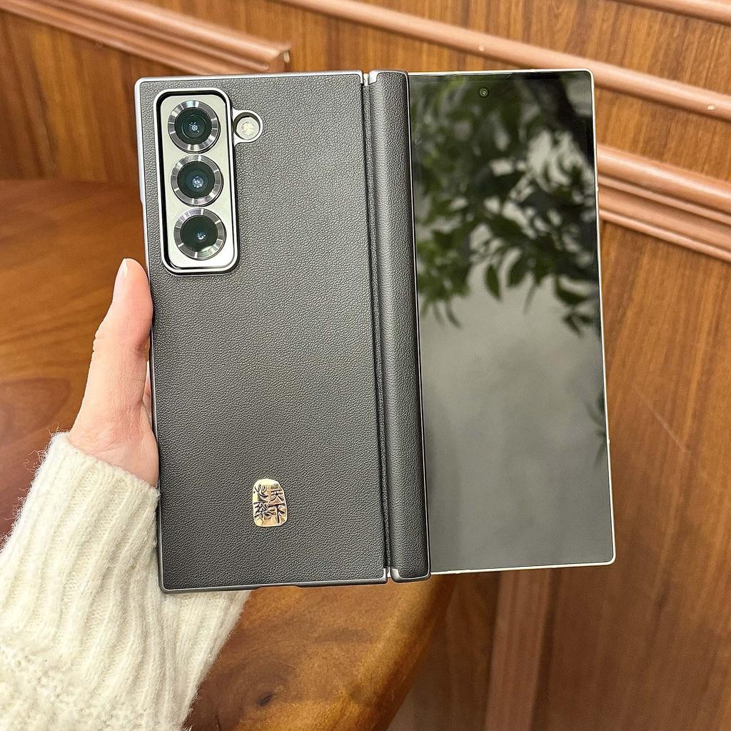 Applicable To W25 Leather Patterned Shell Samsung Zfold5 Folding Mobile Phone Case W24 Center Shaft