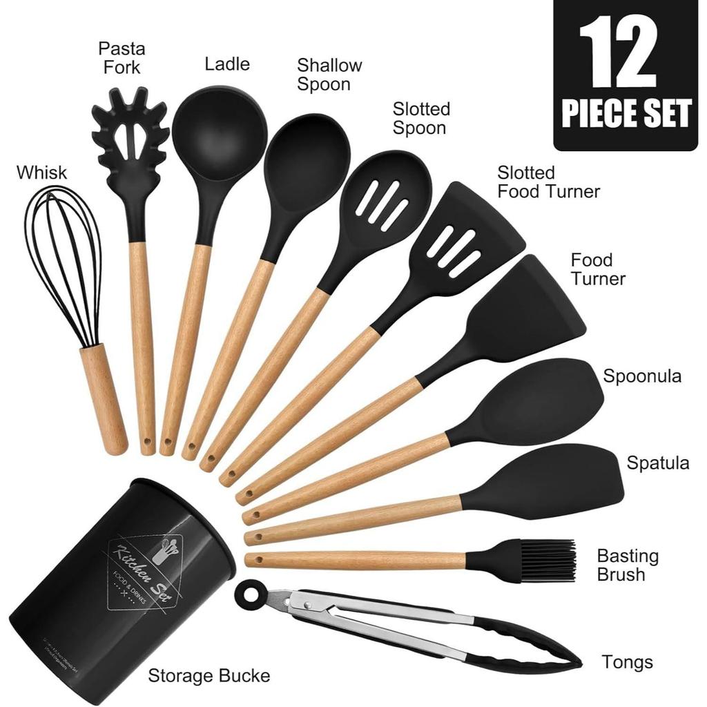 Cooking Utensils Kitchen Utensil Set, 12 PCS Wooden Handle Nontoxic BPA Free Silicone Spoon Spatula Turner Tongs Kitchen Gadgets Utensil Set