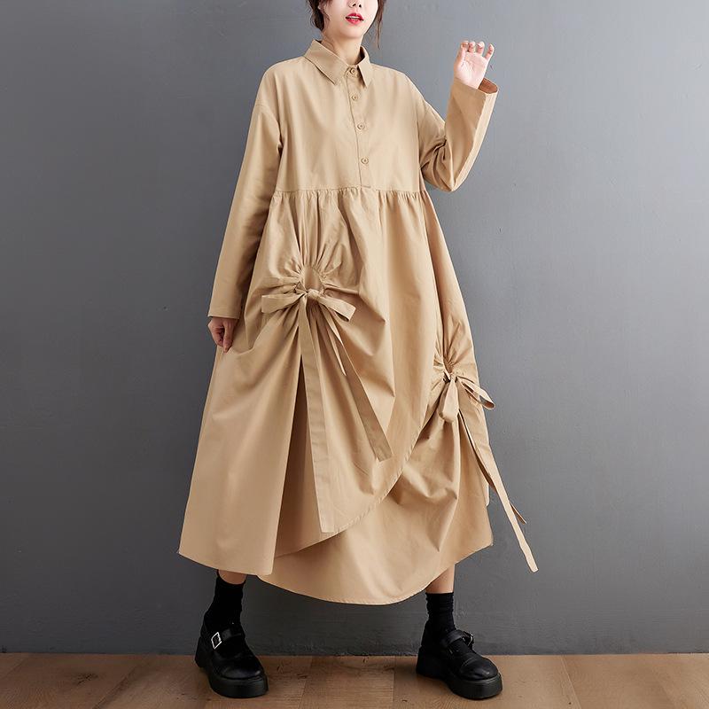 

Spring & Autumn Plus Size Lace Long Sleeve Shirt Dress One Size хакі