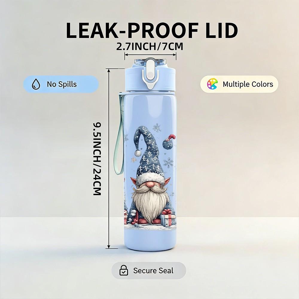 1PC Gnome Santa Christmas Cartoon Print 750ml Color Plastic Sports Water Bottle Leakproof Flip Straw Lid Suitable for Sports Office Home Use