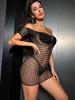 Tight Grid Dress Bodysuit Fishnet Jumpsuit Body Stocking  Women Net Sheer Lingerie Mini See Through Skirt