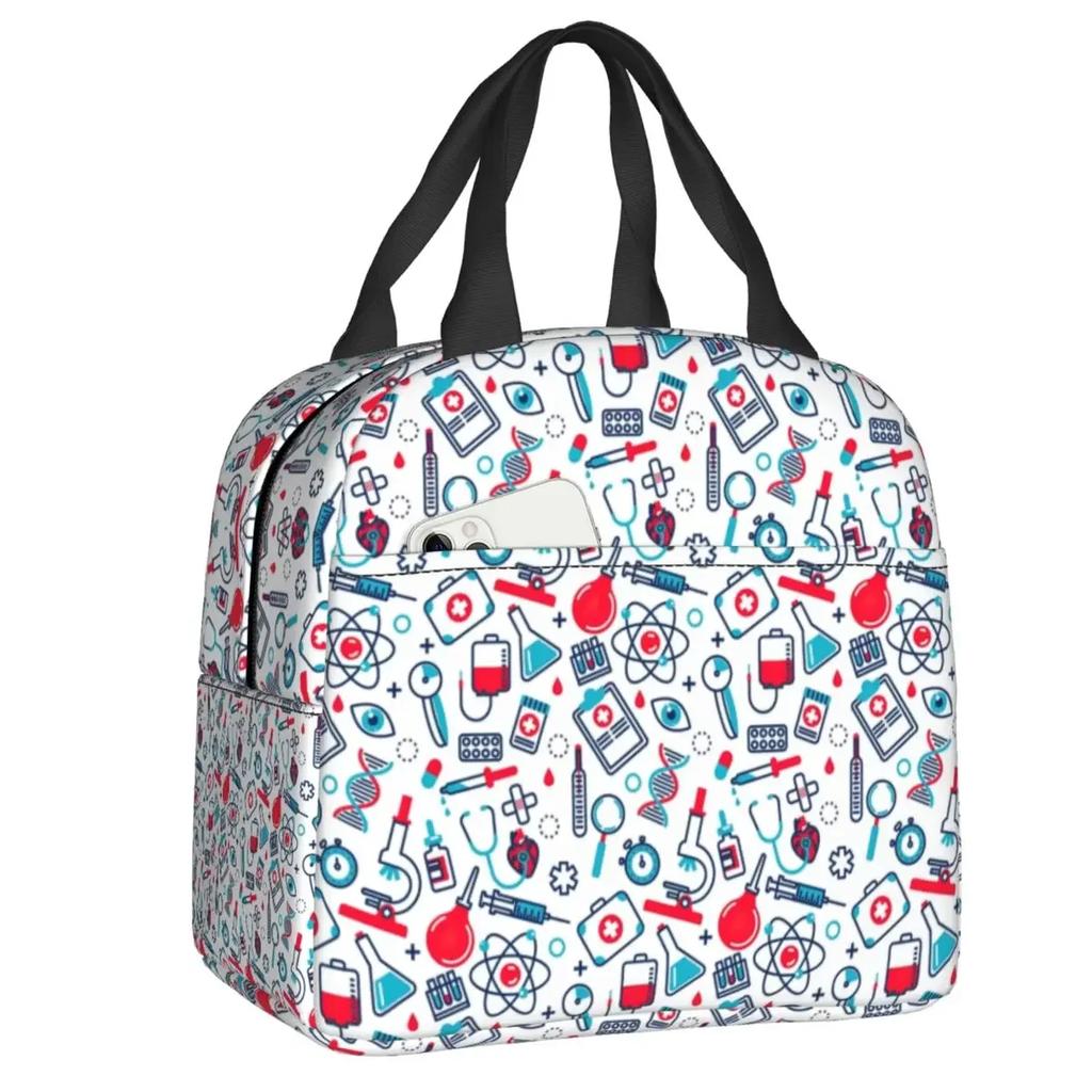 Nurse Tool Pattern Insulated Lunch Tote Bag for Women Nursing Resuable Thermal Cooler Food Lunch Box Work School Travel