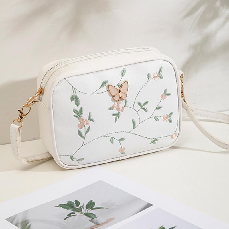 Embroidered Flower Bow Camera Bag Simple Women's Casual Small Square Bag PU Leather Shoulder Crossbody Bag AVE