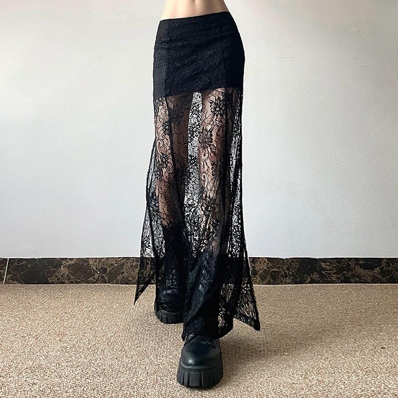 European and American style summer new women's clothing fashion black lace perspective slim and thin floor long skirt skirt
