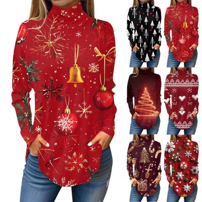 Damen Modisches Lässiges Rollkragen Weihnachts-Print Langarm T-Shirt Pullover Top