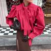 Vintage Stand Collar Bow Tie Blouse Long Puff Sleeve Elegant Shirt Women Fall Winter