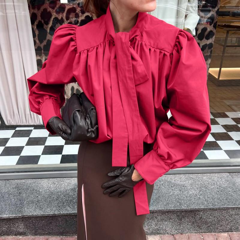 Vintage Stand Collar Bow Tie Blouse Long Puff Sleeve Elegant Shirt Women Fall Winter