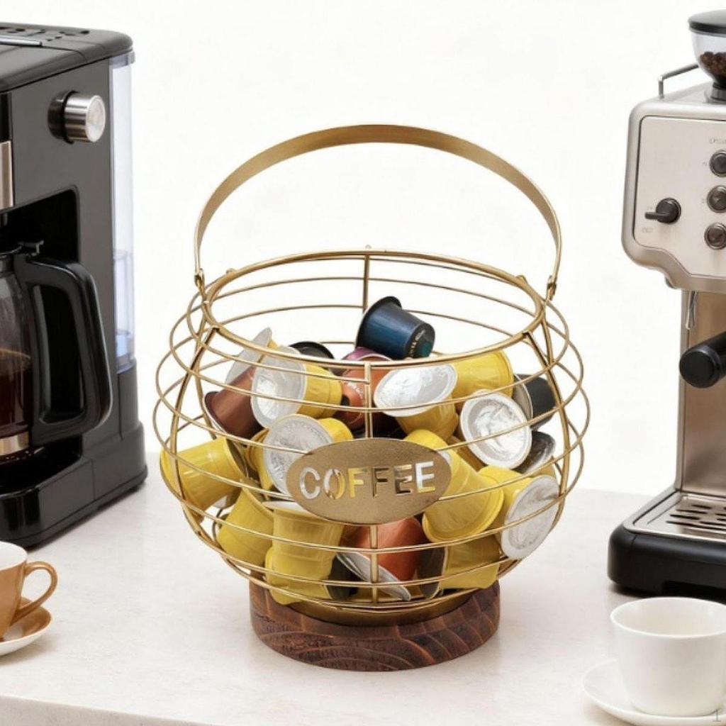 Coffee Capsule Holder, Basket, Iron Wire, Wooden Base, Fruit Storage