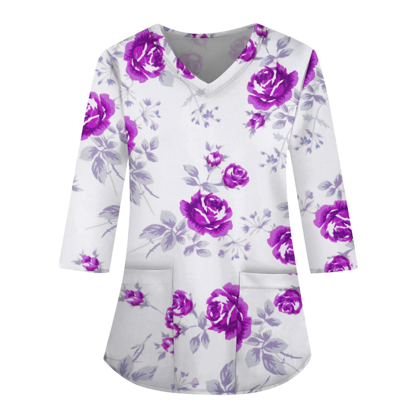 

Женская свободная рабочая одежда с V-образным вырезом и карманами с геометрическим принтом и рукавами три четверти XXXXXL фиолетовый