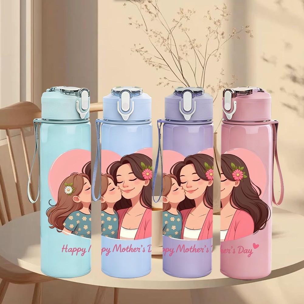 1PC Happy Mothers Day Heart Family Pattern 750ml Color Plastic Sports Water Bottle Leakproof Flip Straw Lid Suitable for Sports Office Home Use