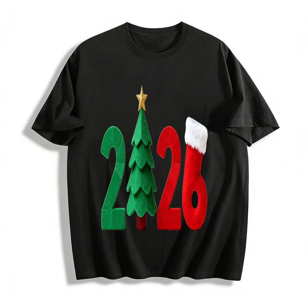 2026 Christmas Themed Tree Stocking Graphic Print Top Pure cotton T-shirt XXS