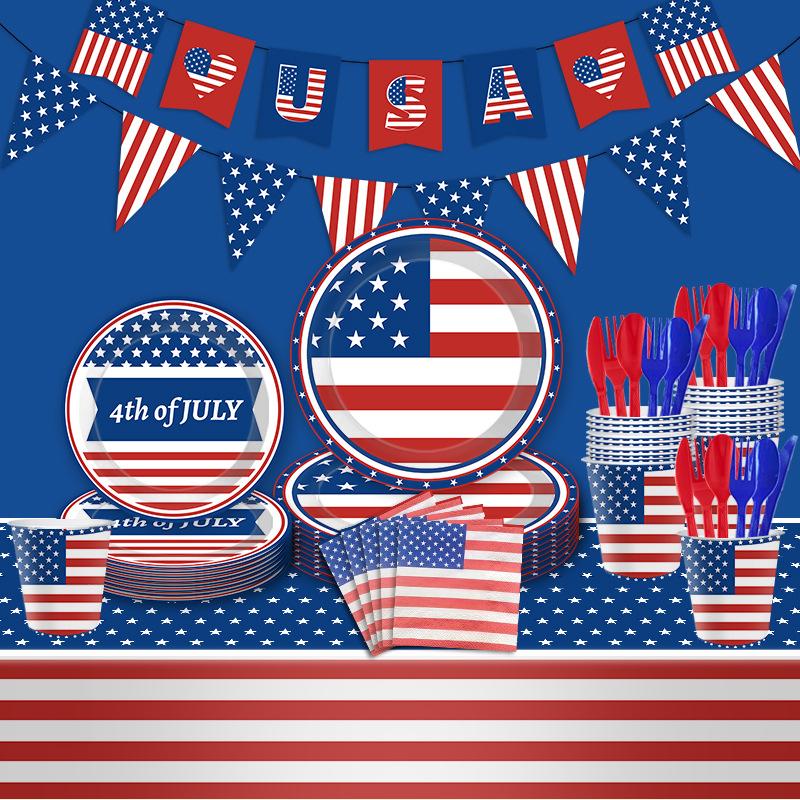American Flag Independence Day Party Tableware Disposable Paper Plates Paper Cups Paper Towels Tablecloth Party Decoration Set