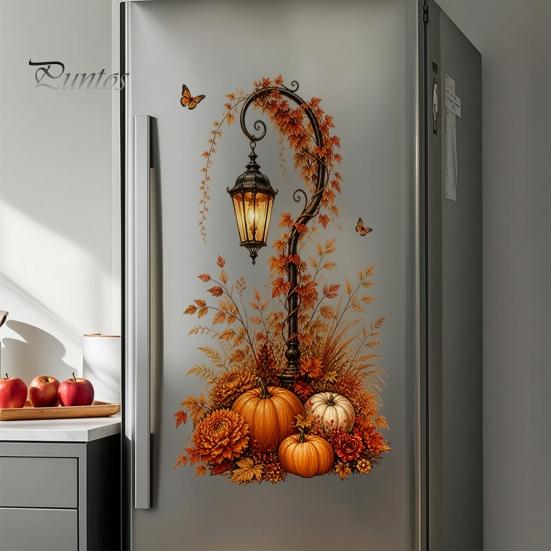 Thanksgiving Window Clings Autumn Pumpkin Street Lamp & Maple Leaves Wall Sticker, Waterproof PVC Fall Harvest Atmosphere Decor Decal, Decorative Peel
