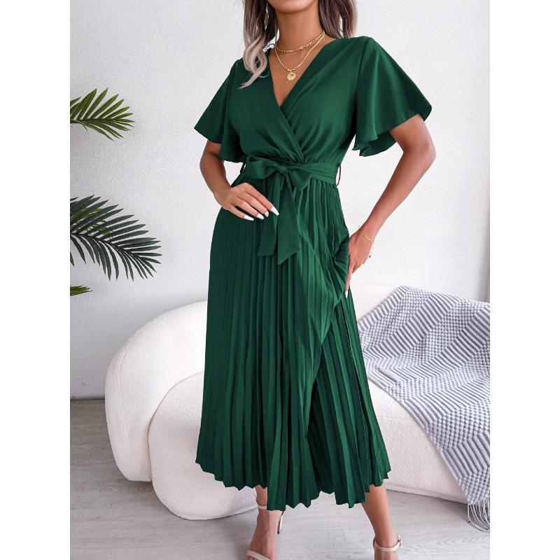 Mode V-Ausschnitt Damen Sommerkleid Kurzarm Lässig Schlicht Einfarbig Plissiert Schnürung Party A-Linien-Kleider Damen Elegante Kleidung