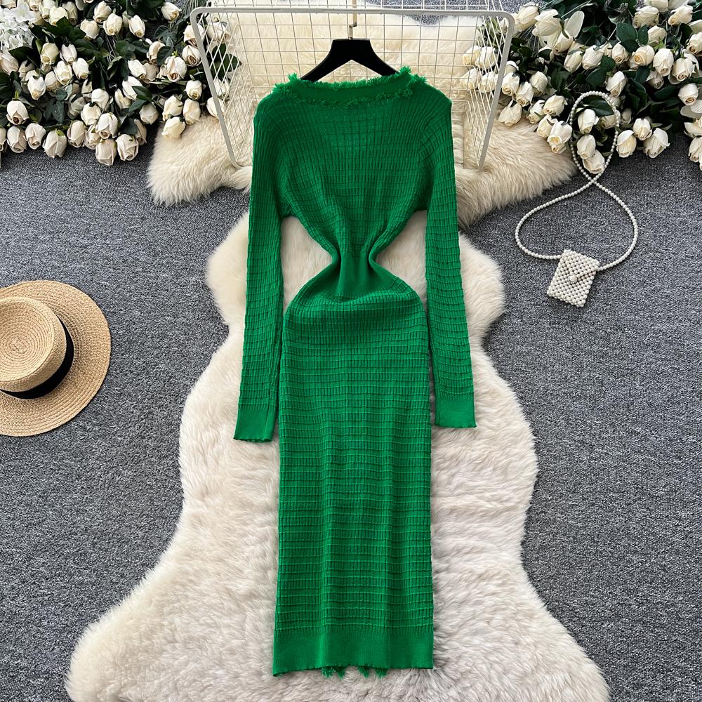 Neue Damenkleider Herbst Winter Vintage Patchwork Strick-Midikleid Elegant V-Ausschnitt Damen Rüschenhemd Pulloverkleid