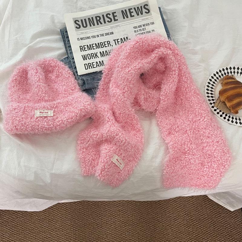 Bright Color Knitted Scarf and Hat Set - Solid Winter Warm 2-Piece for Women