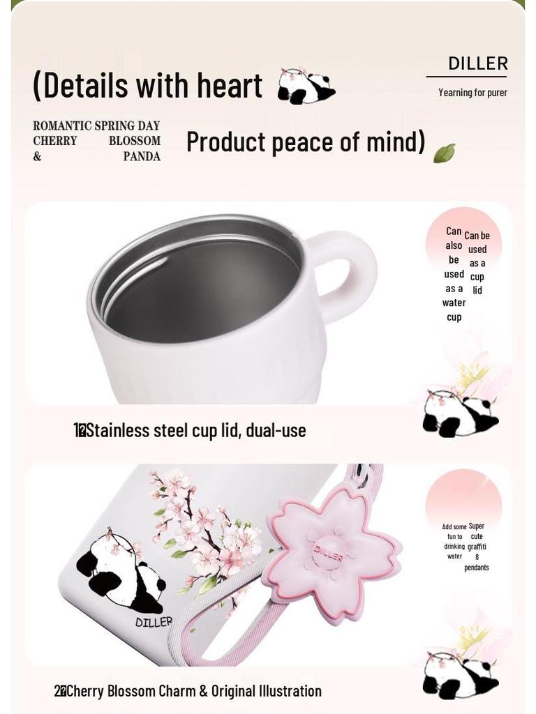 Sakura Panda 2024 Insulated Water Bottle with Lid - Large Capacity for School, Mini Cup for Girls