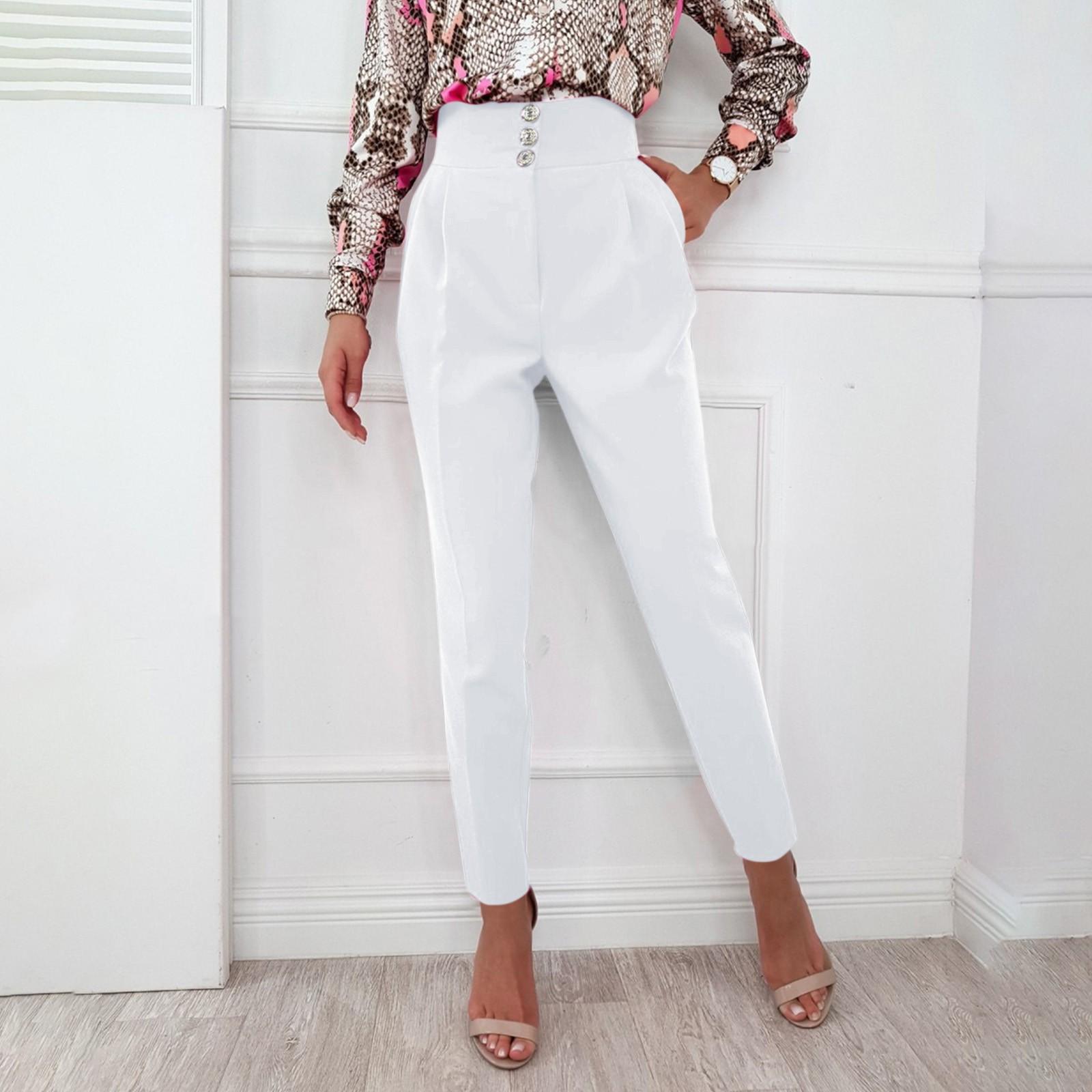 

Женские однотонные тонкие пуговицы на молнии с высокой талией и карманами до щиколотки M белый