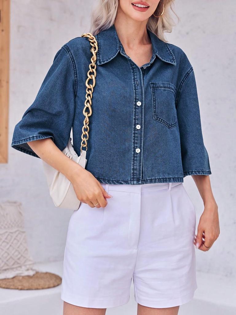 Womens Cropped Denim Shirt Jacket Half Sleeve Button Down Jean Jacket