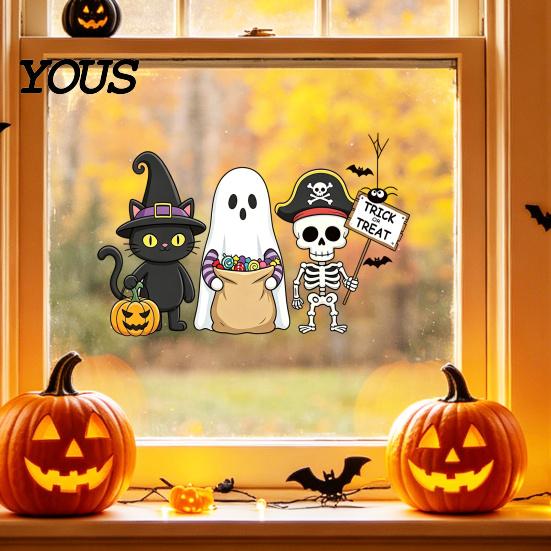 Reusable Holiday Window Sticker Static Glass Sticker, No Residue Clings, Festive Decal with Halloween Dwarf Wizards Black Cats Ghosts Skeletons
