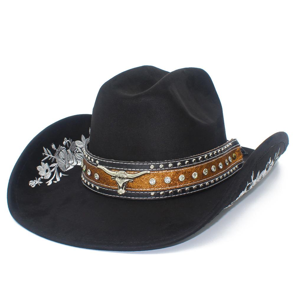 Fashion Embroidered Suede Western Cowboy Hat Personalized Big Eaves Bullhead Accessories Knight Hat Versatile Bent Edge Top Hat