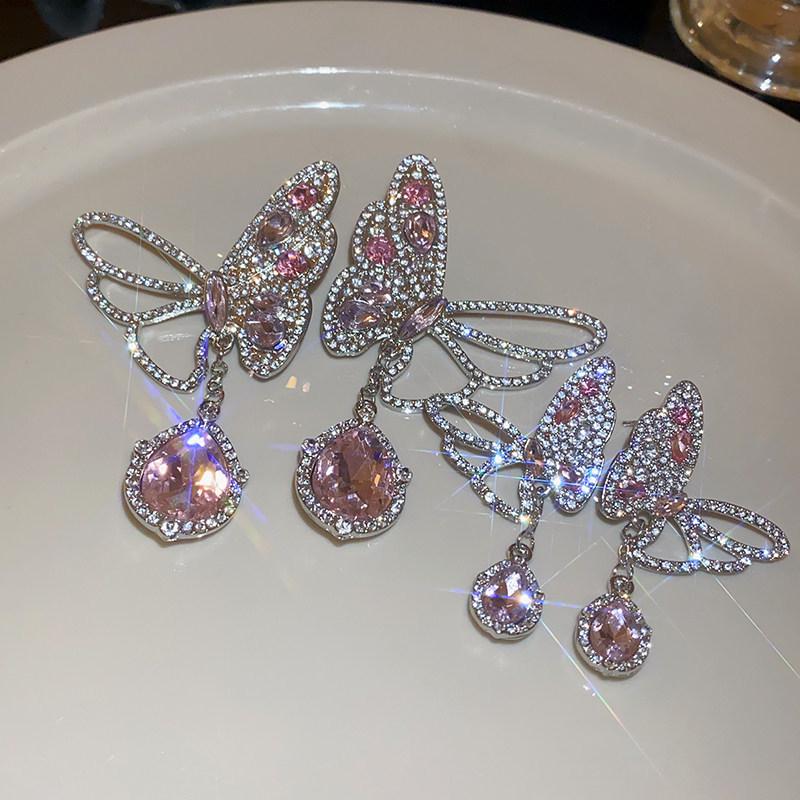 Silver Needle Luxury Rhinestone Butterfly Drop Earrings