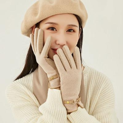 Elegant Women Winter Outdoor Sport Metal Belt Chain Warm Driving Mitten Female Plus Plush Thick Touch Screen Cycling Glove P37