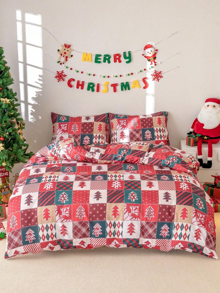 3-teiliges/Set Weihnachten Rotes Karomuster Weihnachtsmann Schneeflocken-Druck Bettbezug-Set(1 Bettbezug und 2 Kissenbezüge.)Weich und hautfreundlich