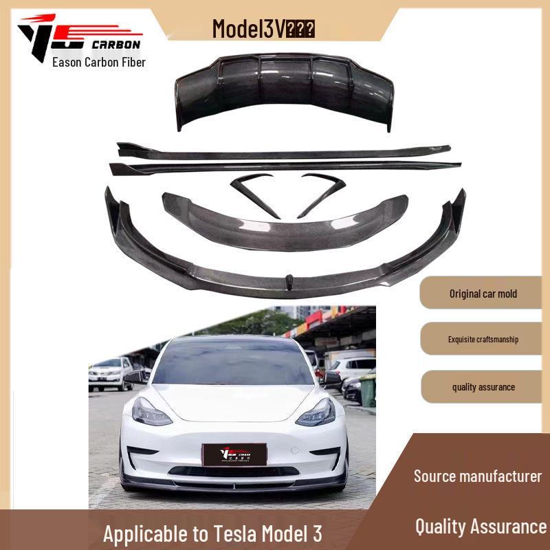 Tesla Model 3 V Style Carbon Fiber Body Kit: Front Lip, Side Skirts, Rear Wing, Rear Lip.