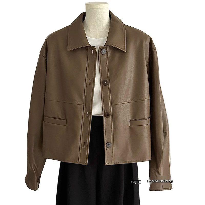 Women's Short Solid Color Leather Jacket - 2025 Spring/Autumn Collection