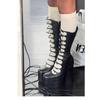 Stivali Alti Rosa con Laccetti e Plateau Donna Moda Raso Tacco Grosso Alto Cinturini Multi Fibbia Scarpe Donna Sexy Punk Al Ginocchio