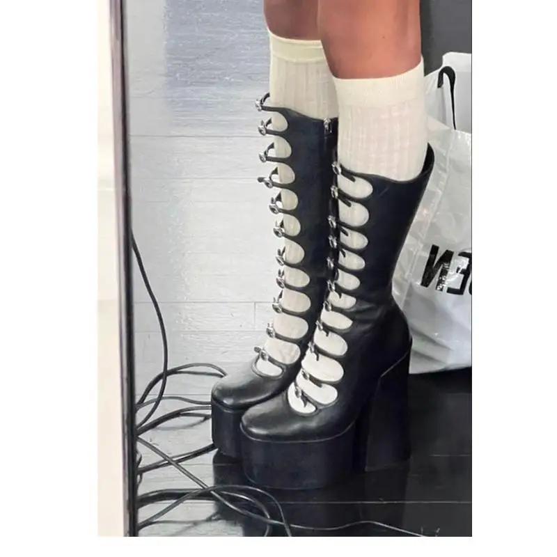 Stivali Alti Rosa con Laccetti e Plateau Donna Moda Raso Tacco Grosso Alto Cinturini Multi Fibbia Scarpe Donna Sexy Punk Al Ginocchio