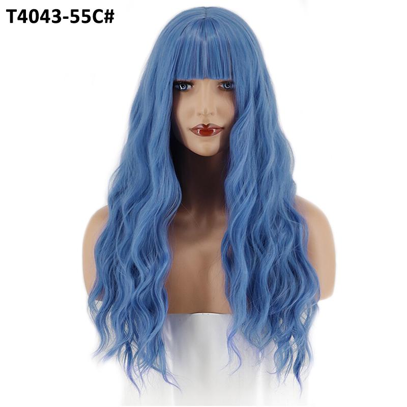 MERISIHAIR Women Long Water Wave Wigs with Blunt Bangs Synthetic High Temperature Fiber Wigs Daily Party Cosplay Use